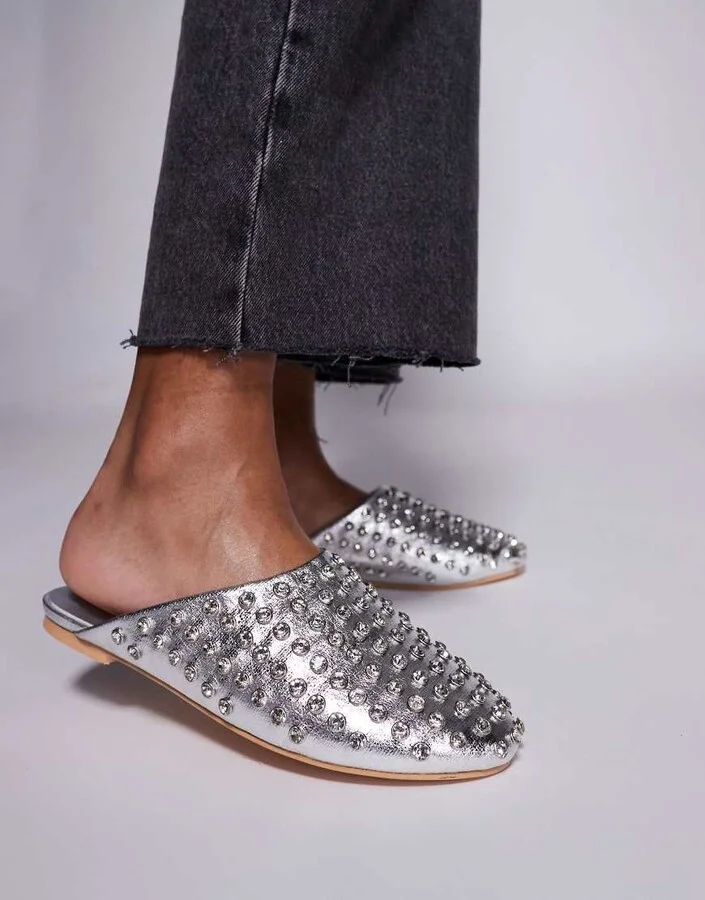 Public Desire Cairo studded flat mules in silver - Image 2
