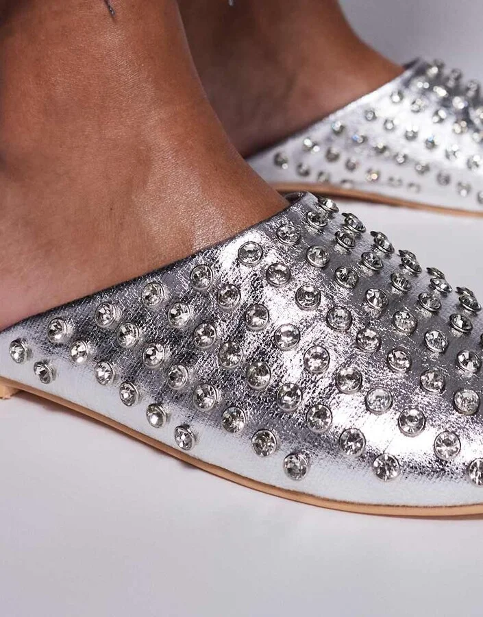 Public Desire Cairo studded flat mules in silver - Image 3