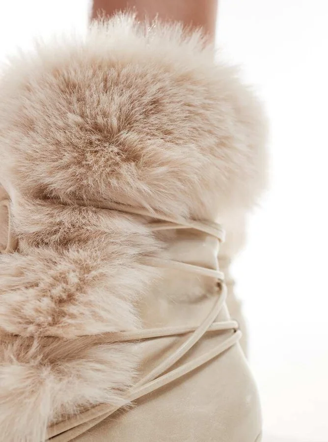 Public Desire Celtica fur trim lace detail heeled ankle boots in cream - Image 3