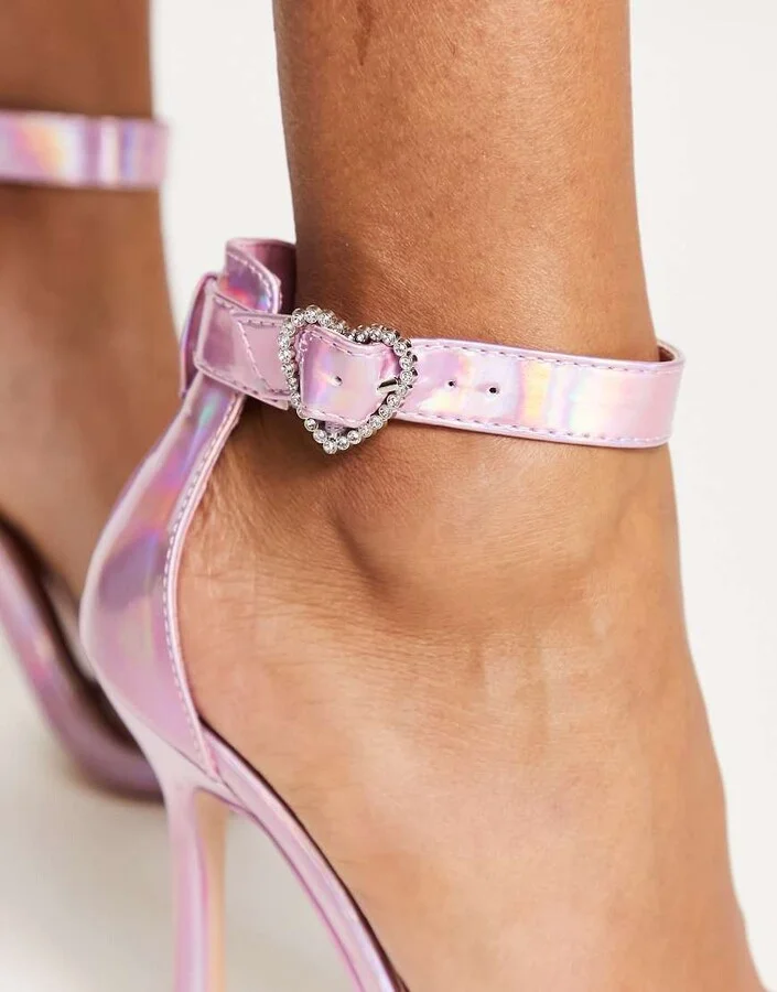 Public Desire Elora heeled sandals with heart buckle in holographic pink - Image 3