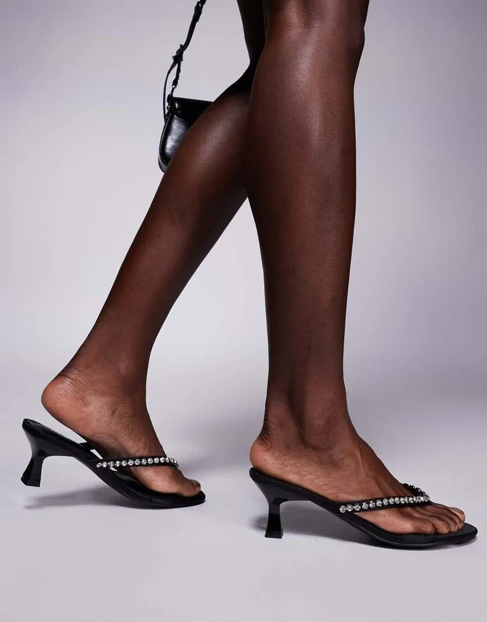 Public Desire Evermore emebllished toe thong kitten heeled sandals in black - Image 2