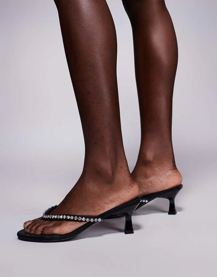 Public Desire Evermore emebllished toe thong kitten heeled sandals in black - Image 4