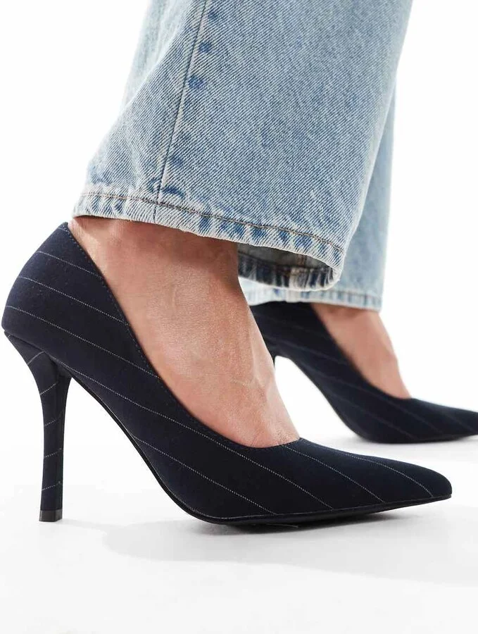 Public Desire Evita pointed heeled shoes in black pinstripe - Image 4
