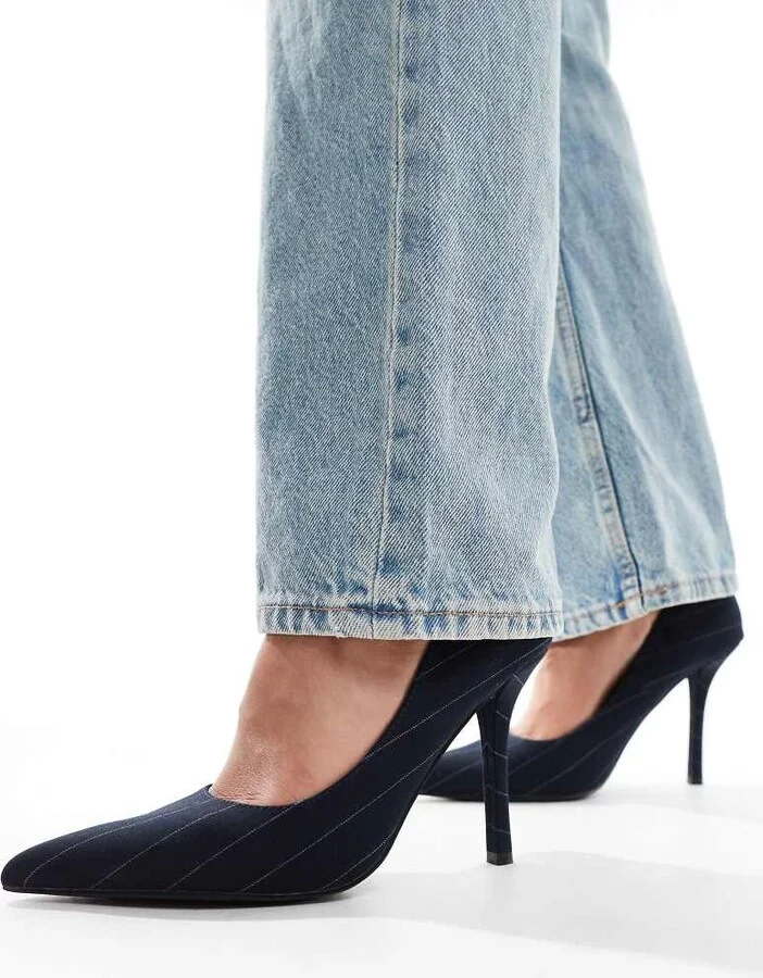Public Desire Evita pointed heeled shoes in black pinstripe