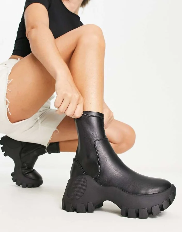 Public Desire Exclusive Nile cleated chunky sole boots in black - Image 3