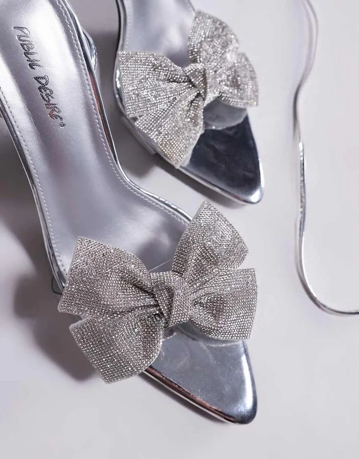 Public Desire Fame embellished bow mid heel sandals in silver mirror - Image 2
