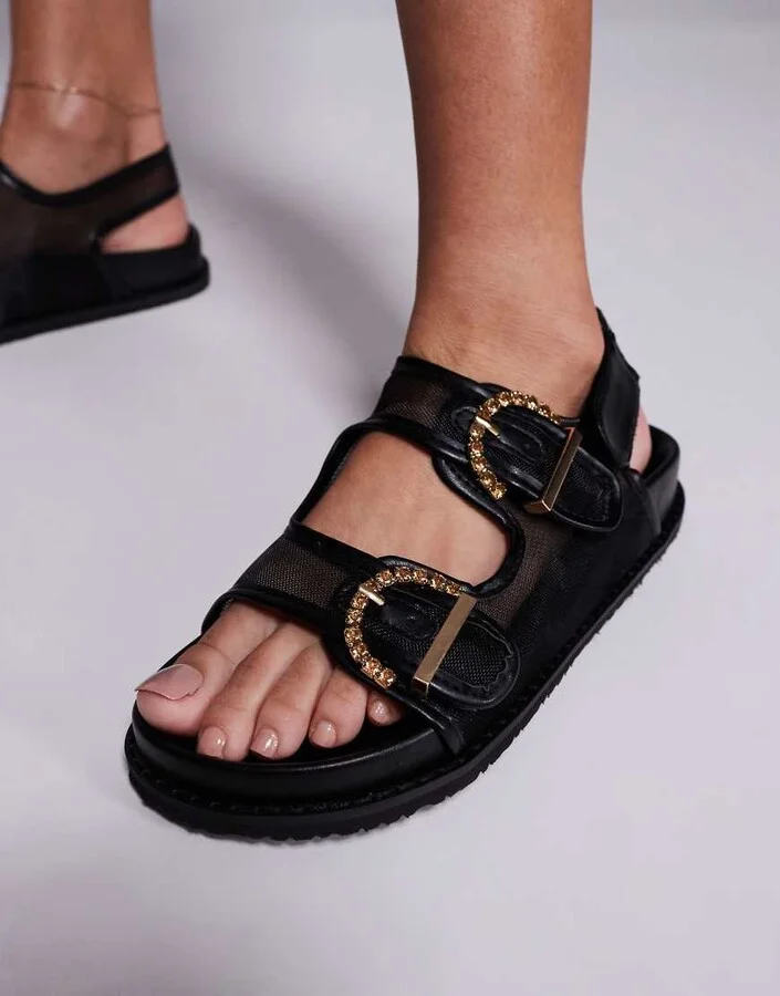 Public Desire Fuda embellished buckle flat sandals in black mesh - Image 4