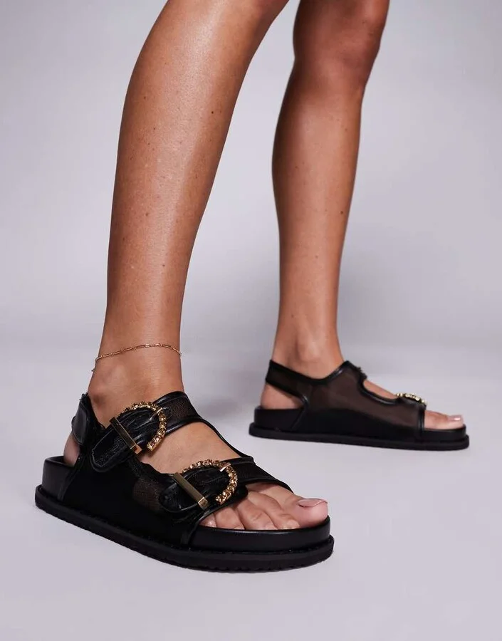 Public Desire Fuda embellished buckle flat sandals in black mesh