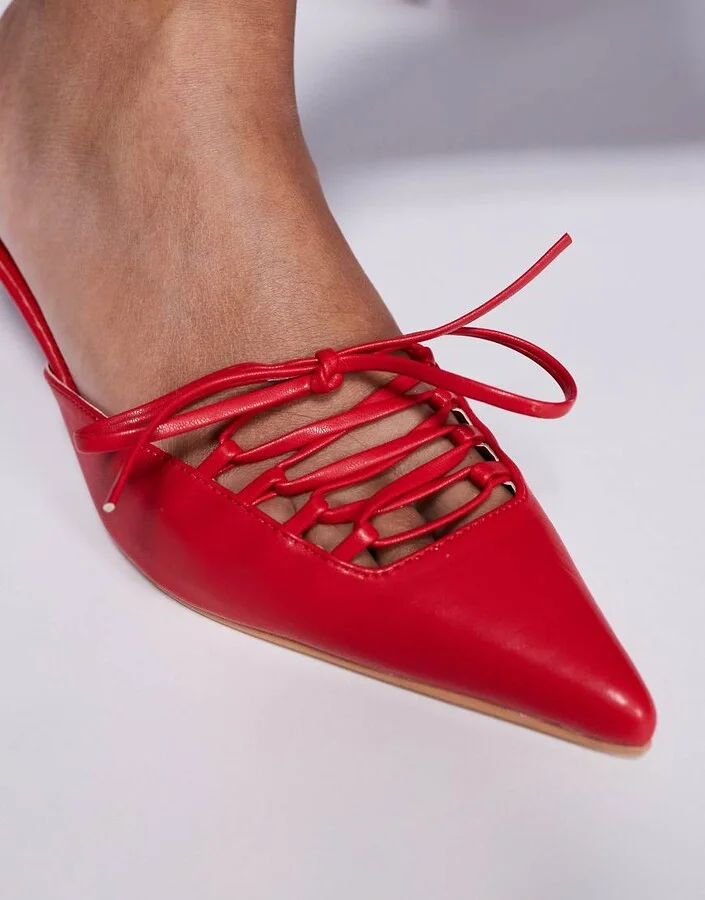 Public Desire Geneva pointed kitten heel mules with lace up in red - Image 3
