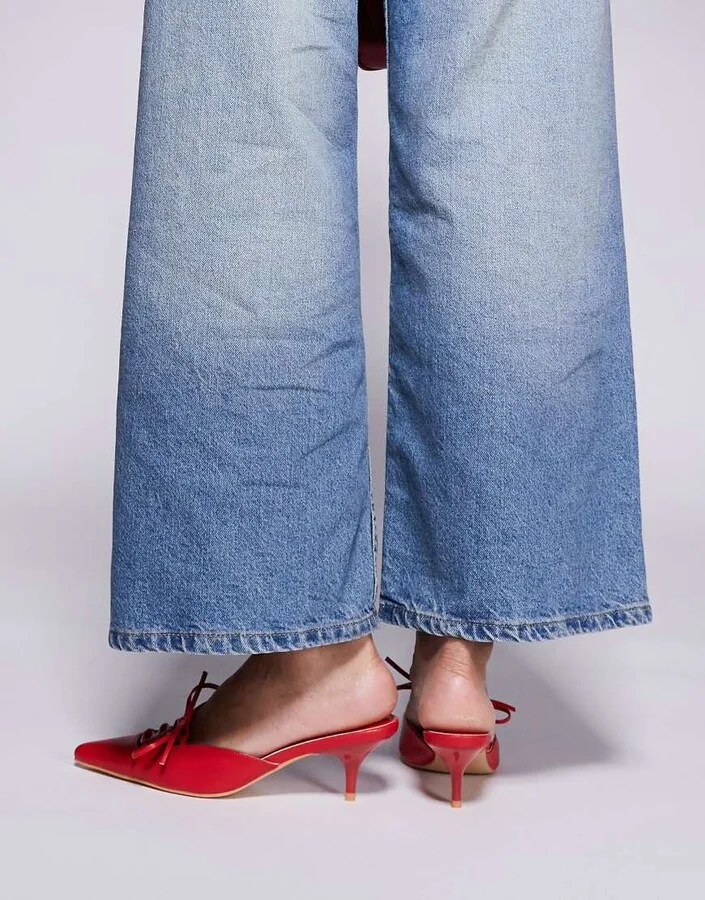 Public Desire Geneva pointed kitten heel mules with lace up in red - Image 4