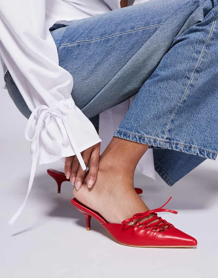 Public Desire Geneva pointed kitten heel mules with lace up in red