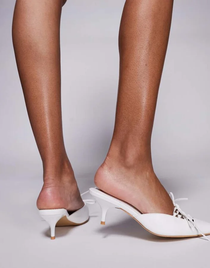 Public Desire Geneva pointed kitten heel mules with lace up in white - Image 3