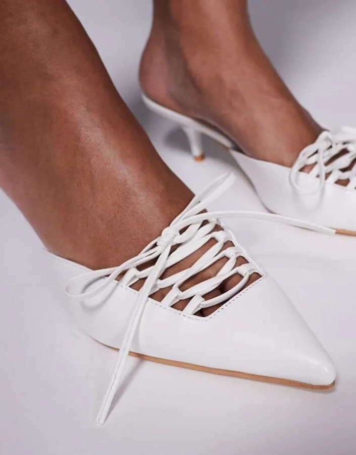 Public Desire Geneva pointed kitten heel mules with lace up in white - Image 4