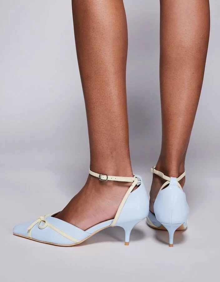 Public Desire Goldberg kitten heel mules with bow in blue - Image 3