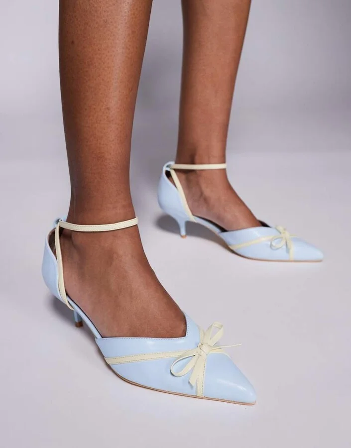 Public Desire Goldberg kitten heel mules with bow in blue - Image 4