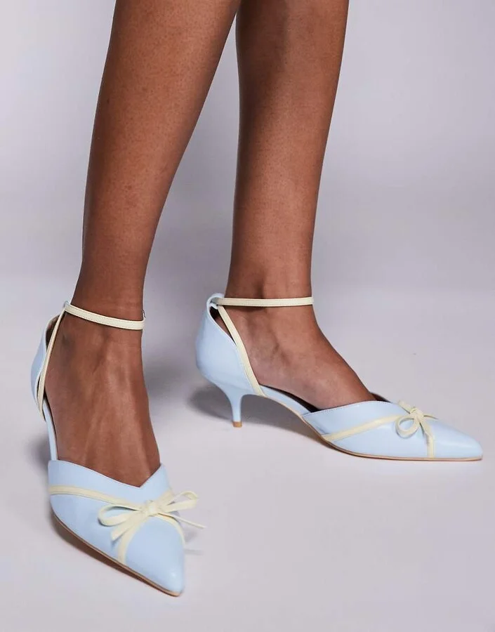 Public Desire Goldberg kitten heel mules with bow in blue