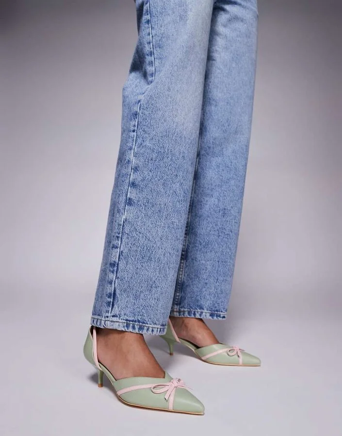 Public Desire Goldberg kitten heel mules with bow in sage - Image 3