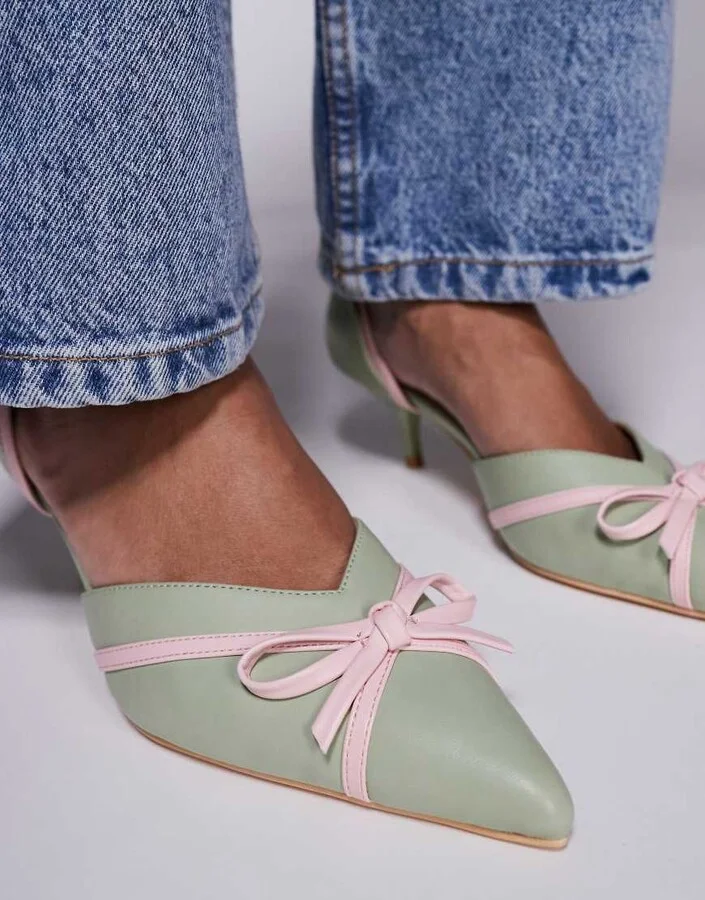 Public Desire Goldberg kitten heel mules with bow in sage - Image 4