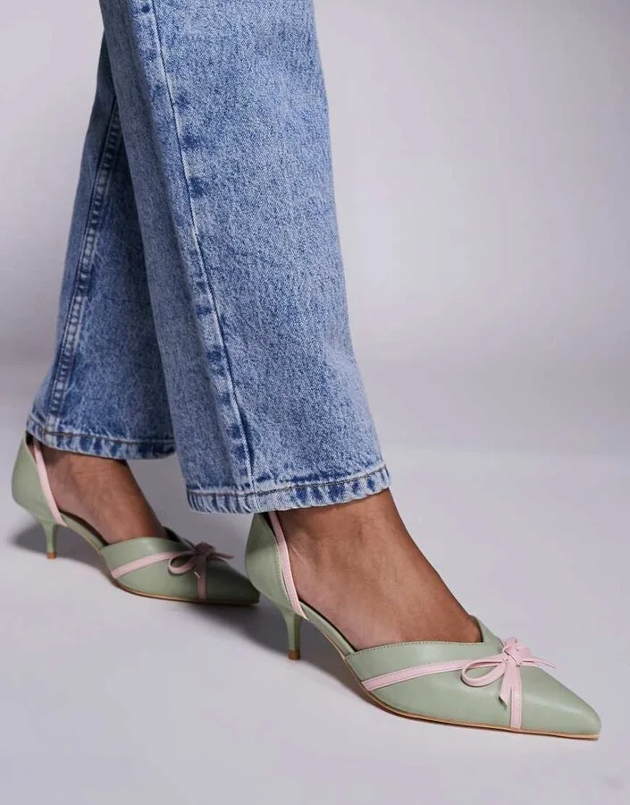 Public Desire Goldberg kitten heel mules with bow in sage