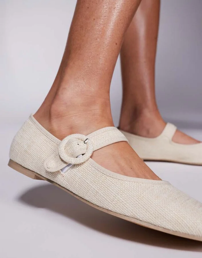 Public Desire Griffin mary jane ballet flats in natural raffia - Image 4