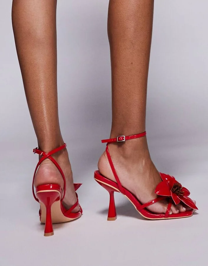 Public Desire Hydrangea 3D floral strappy mid heeled sandals in red - Image 4
