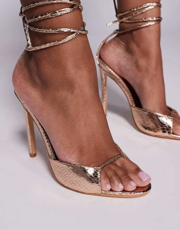 Public Desire Kalisto tie leg heeled sandals in gold - Image 4