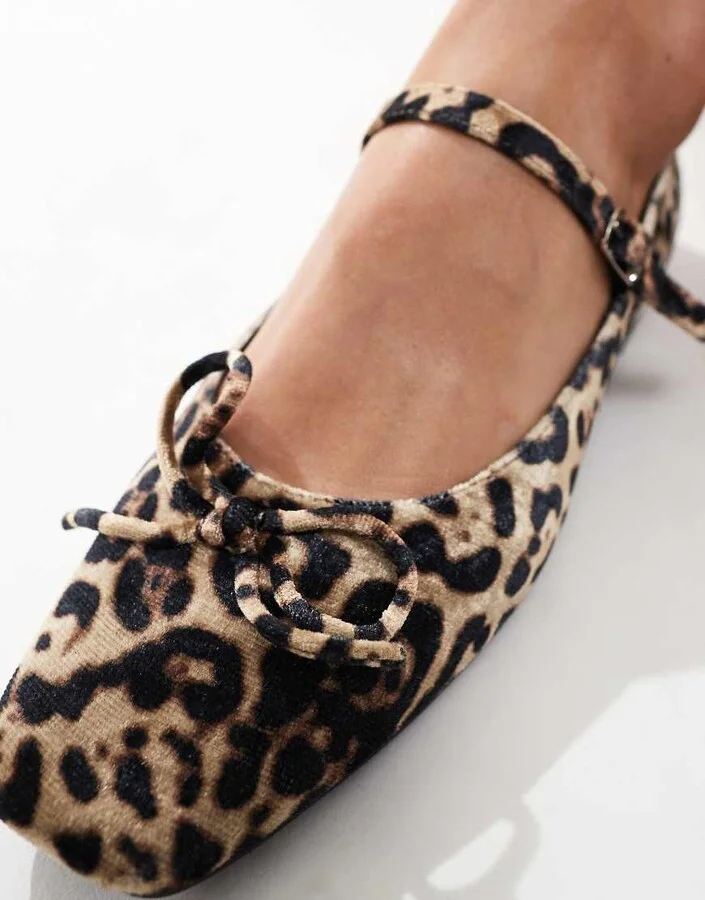 Public Desire Kandi bow ballet flats with straps in leopard velvet - Image 2
