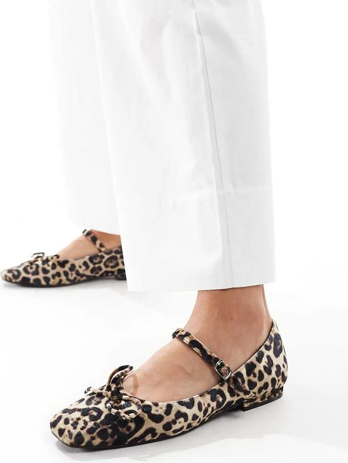 Public Desire Kandi bow ballet flats with straps in leopard velvet - Image 4