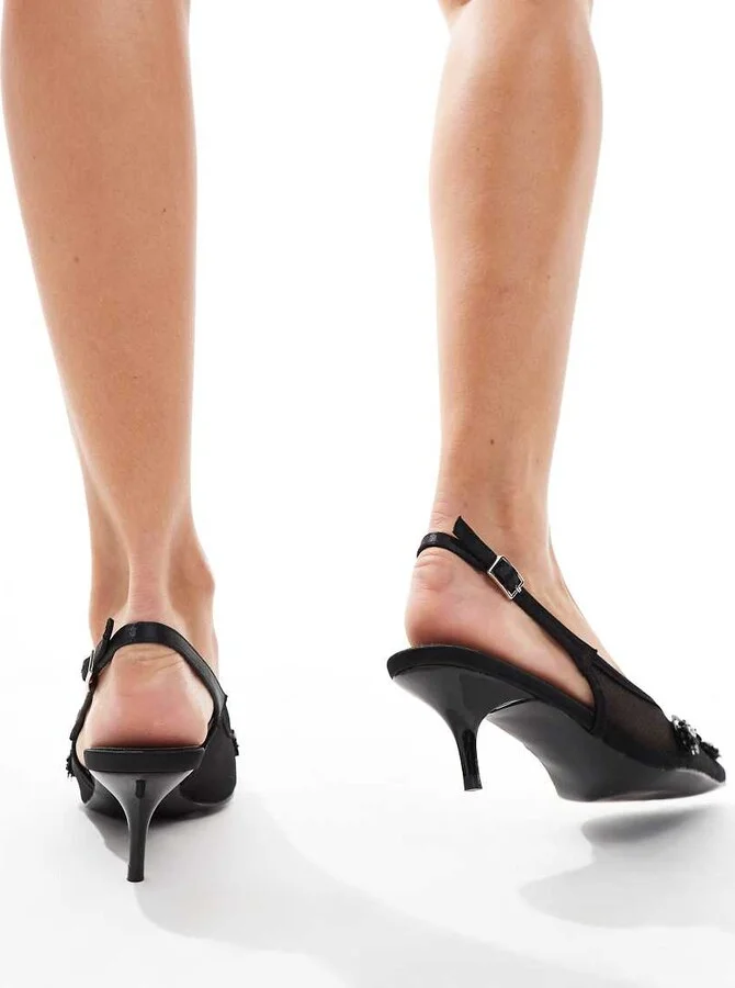 Public Desire Kyle sling back pointed kitten heels with 3D embellished flowers in black - Image 3