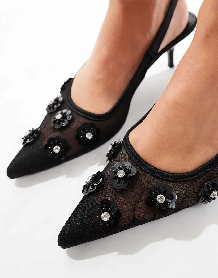 Public Desire Kyle sling back pointed kitten heels with 3D embellished flowers in black - Image 4