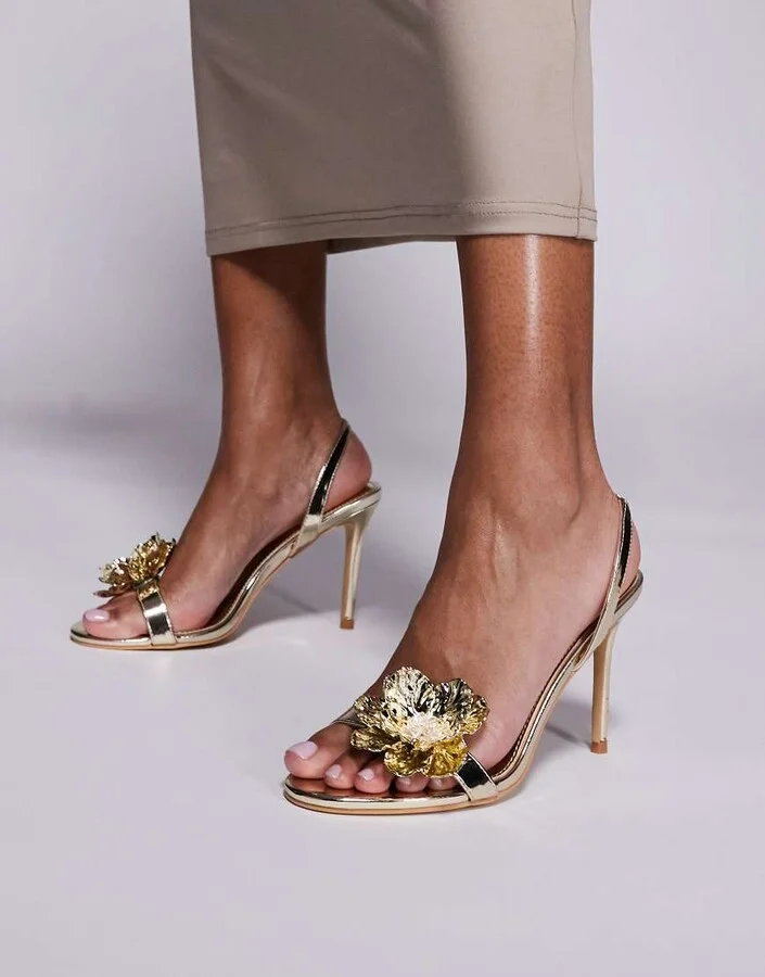 Public Desire Ladybug 3D floral mid heeled sandals in Gold