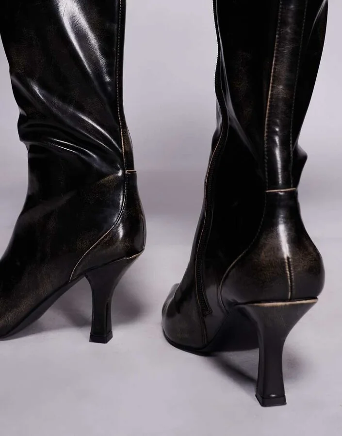 Public Desire Levitate pointed toe knee boots with vintage heels in distressed brown - Image 2