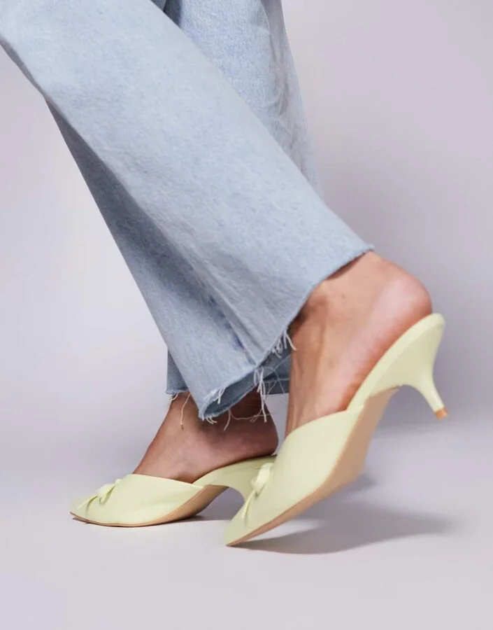 Public Desire Lionheart pointed kitten heel mules with bow in yellow - Image 2