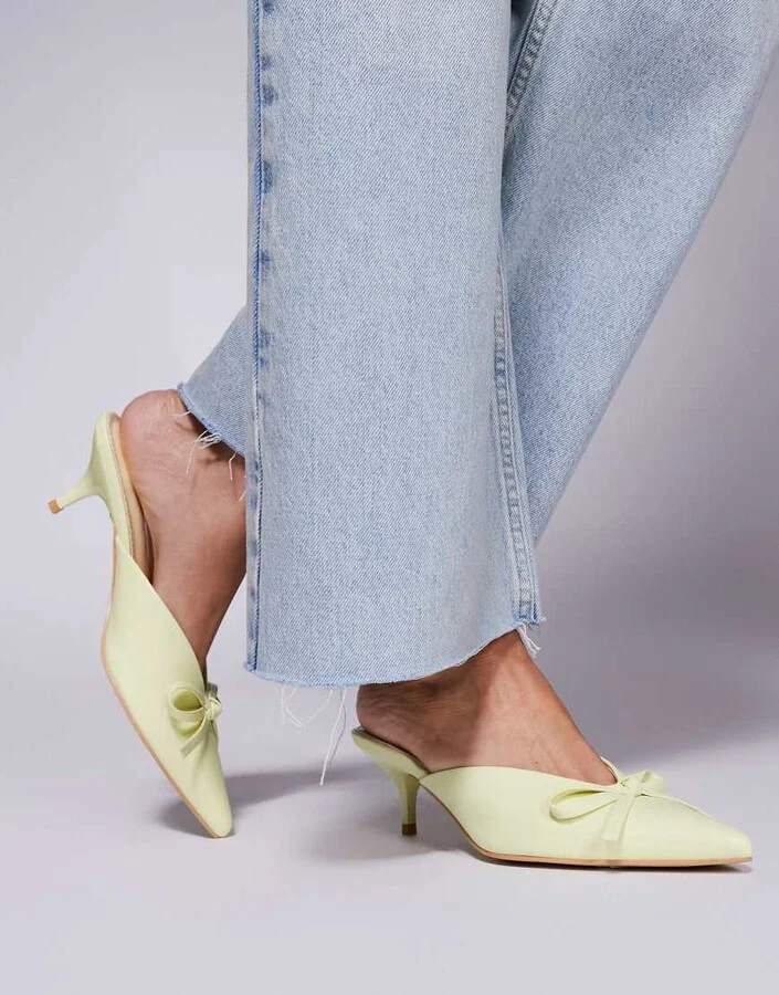 Public Desire Lionheart pointed kitten heel mules with bow in yellow - Image 3
