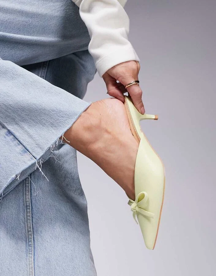 Public Desire Lionheart pointed kitten heel mules with bow in yellow - Image 4