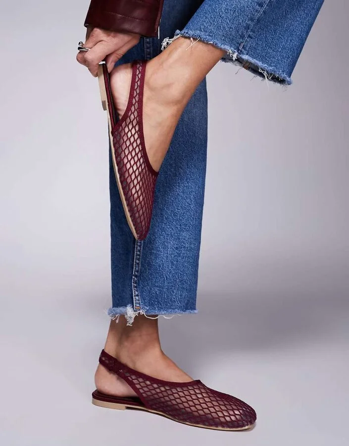 Public Desire Lost Angel high vamp sling back ballet flats in berry mesh - Image 4