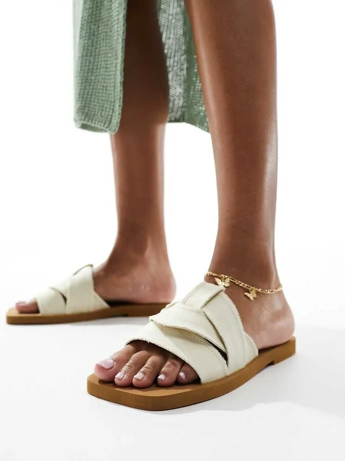 Public Desire Lyra linen look slip on flat sandals in cream - Image 3
