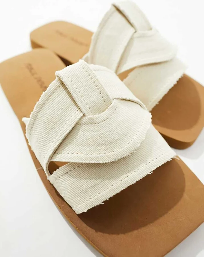 Public Desire Lyra linen look slip on flat sandals in cream - Image 4