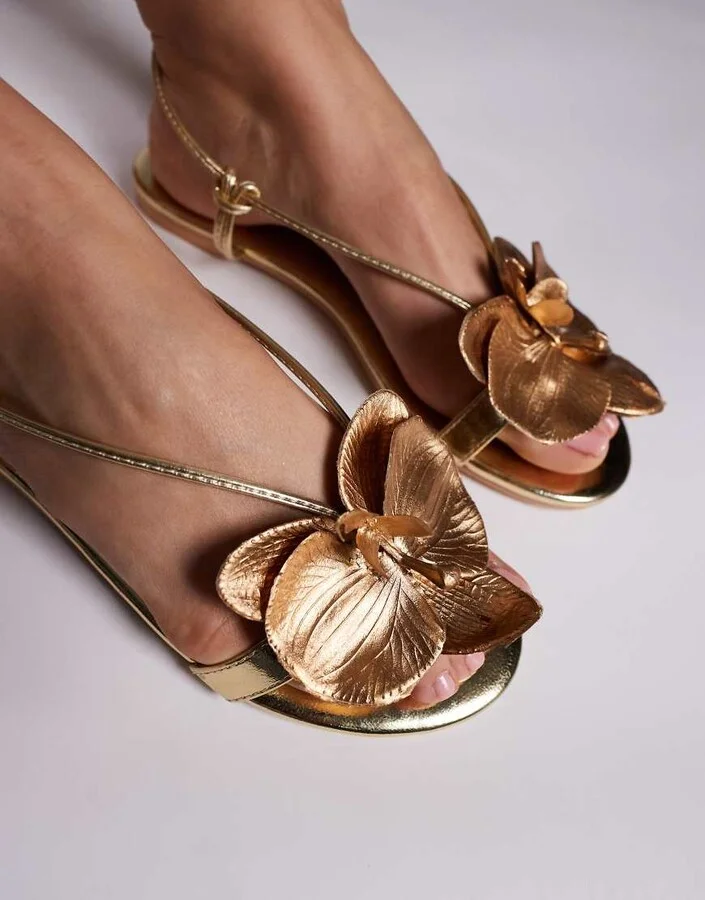 Public Desire Magnolia 3D floral flat sandals in gold - Image 2
