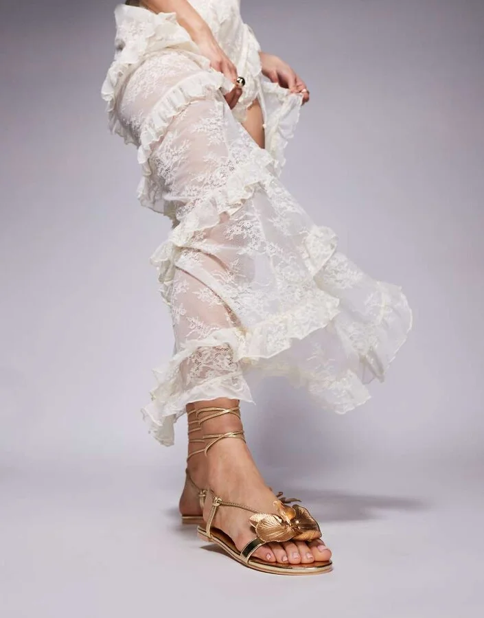 Public Desire Magnolia 3D floral flat sandals in gold - Image 4