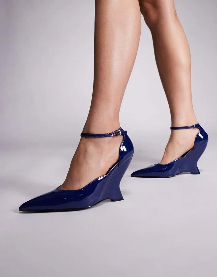 Public Desire Mannequin wedge heel pointed shoes in navy patent