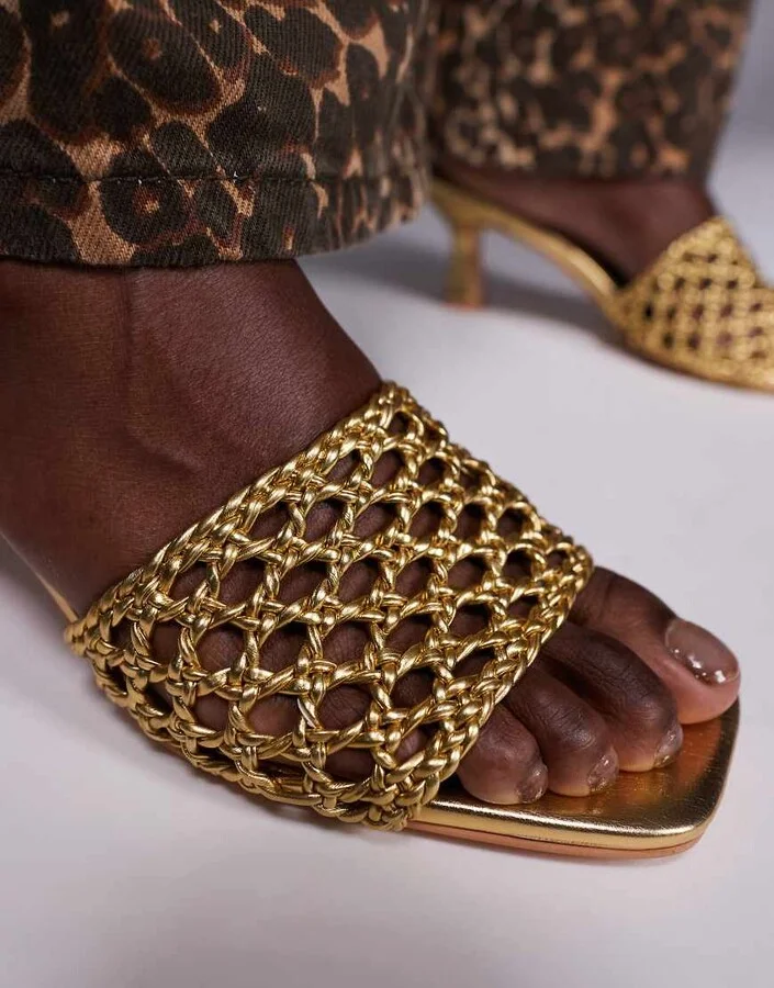 Public Desire Maribelle woven kitten heel mule sandals in gold - Image 3