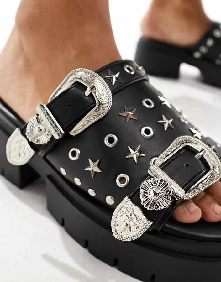 Public Desire Maverick chunky heeled sandals with western hardware in black - Image 3
