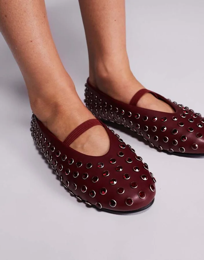Public Desire Mina studded ballet flats in burgundy - Image 2