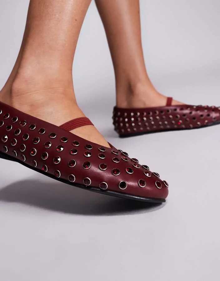 Public Desire Mina studded ballet flats in burgundy - Image 3