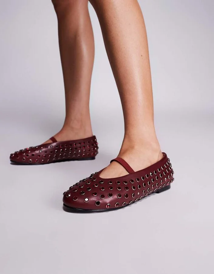 Public Desire Mina studded ballet flats in burgundy