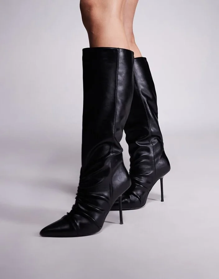 Public Desire Neila leather look pointed knee boots in black - Image 3