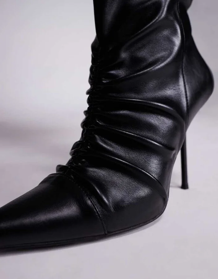 Public Desire Neila leather look pointed knee boots in black - Image 4