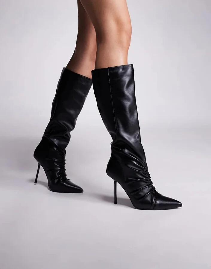 Public Desire Neila leather look pointed knee boots in black