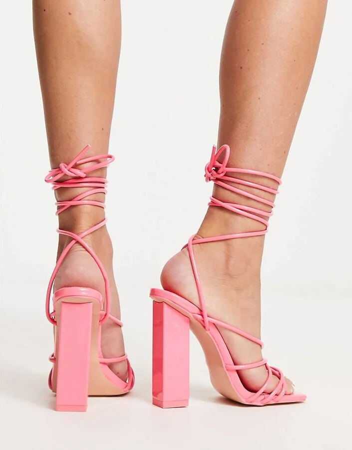 Public Desire Nyla block heeled strappy sandals in hot pink patent - Image 2